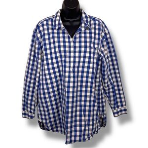 Large Lucky Brand Plaid Top Blue White Checkered Preppy Long Sleeve Cotton